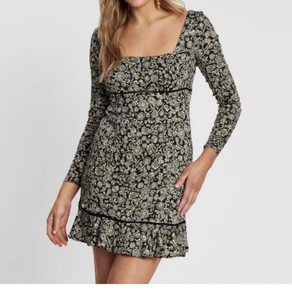 Free People Women’s Bohemian Floral Black Combo Mini Dress SZ 4 - Picture 1 of 16